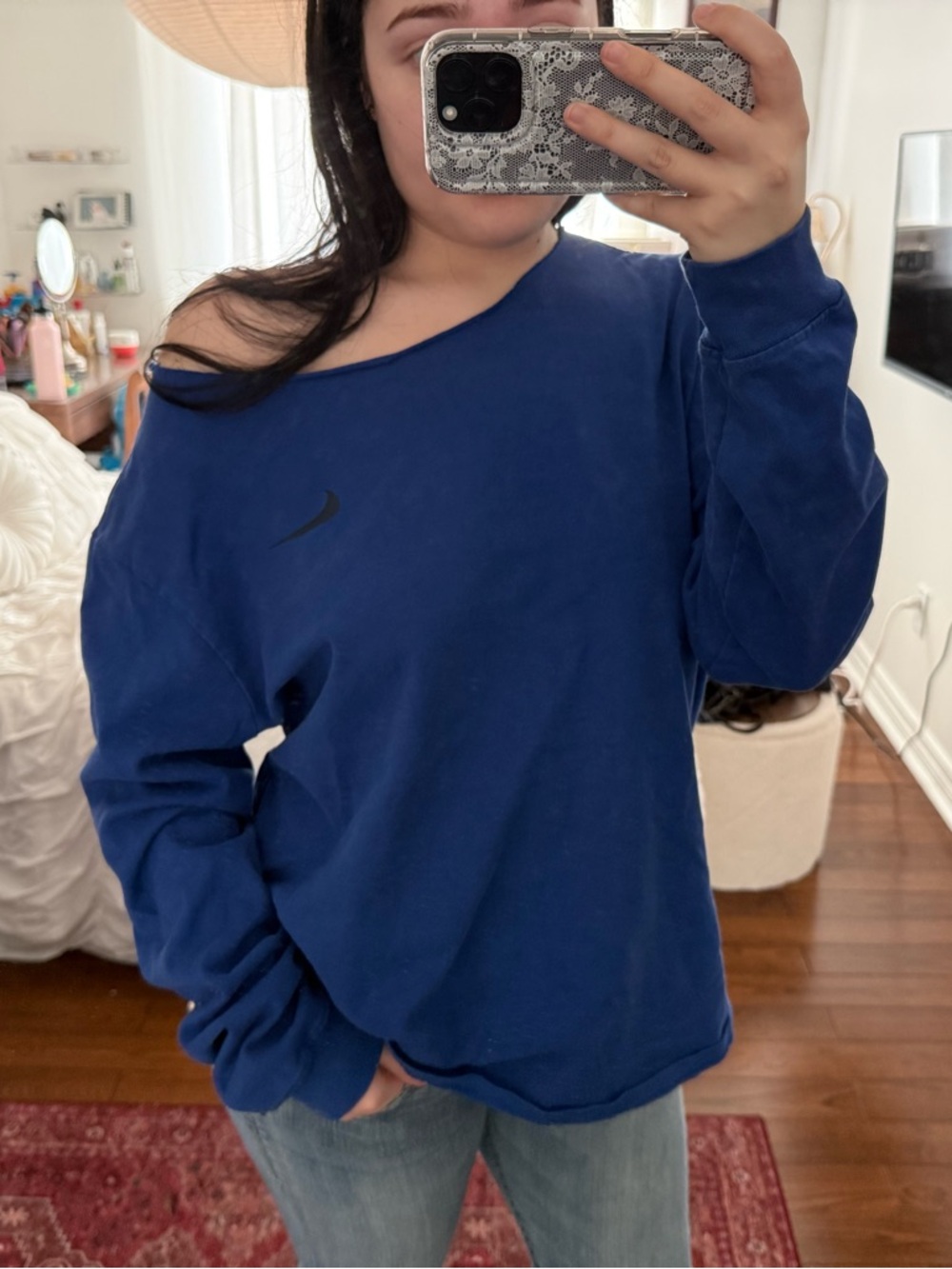 Nike Royal Blue Off-Shoulder Sweatshirt with Black Swoosh